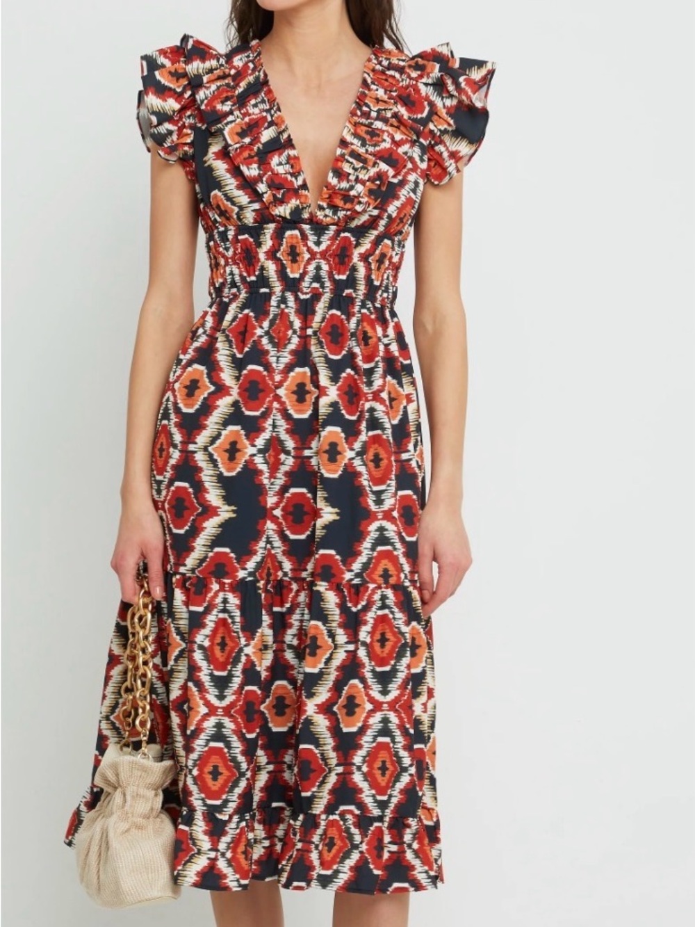 O.P.T. VIANSA NAVY ORANGE RED SLEEVELESS RUFFLE V-NECK DRESS WOMENS MEDIUM - Picture 1 of 8